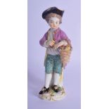 AN ANTIQUE MEISSEN PORCELAIN FIGURE OF A STANDING MALE modelled holding a basket of flowers. 13 cm h