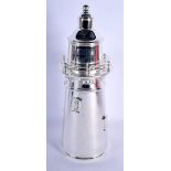 A CONTEMPORARY SILVER PLATED LIGHTHOUSE COCKTAIL SHAKER. 36 cm high.