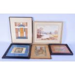 A small group of watercolours and a framed print 20 x 21 cm (5)