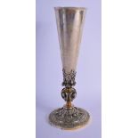 AN UNUSUAL ANTIQUE RUSSIAN SILVER TAPERING POSY TYPE VASE decorated with saints and foliage. 275 gra