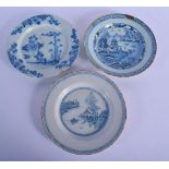THREE 18TH CENTURY DELFT BLUE AND WHITE TIN GLAZED PLATES in various designs. 20 cm diameter. (3)