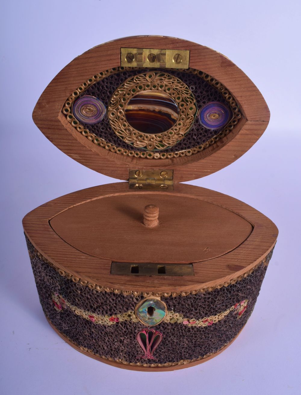 A RARE ANTIQUE ENGLISH ROLLED PAPER OVAL TEA CADDY decorated all over with motifs, internally inset - Image 4 of 5