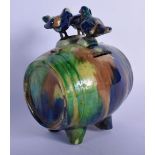 A 19TH CENTURY EUROPEAN WHIELDON STYLE POTTERY MONEY BOX overlaid with three birds. 14 cm x 9 cm.