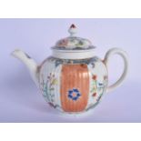 A VERY RARE 18TH CENTURY WORCESTER PORCELAIN TEAPOT AND COVER painted with flowers between peach ban