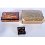 A Swiss Reuge Walnut Burr music box together with an Islamic MOP box and a small Japanese box 19 x 1