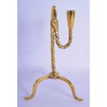 A RARE ANTQUE BRASS FOLDING CANDLE TRIMMER STICK upon splayed legs. 22 cm x 10 cm.