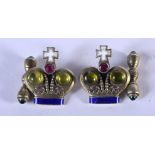 CONTINENTAL SILVER, ENAMEL AND GEM SET CUFFLINKS IN THE FORM OF A CROWN. 2.3cm x 2cm, weight 20.5g