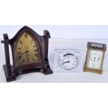 A wooden gimballed 12 day Newhaven mantle clock together with a small brass Carriage clock and a Wat