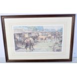 A print by Giibert Holiday of Horses emerging from stables 30 x 51 cm