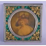 A RARE ENGLISH SILVER IVORY AND MALACHITE PHOTOGRAPH FRAME inset with a portrait of a female, encase