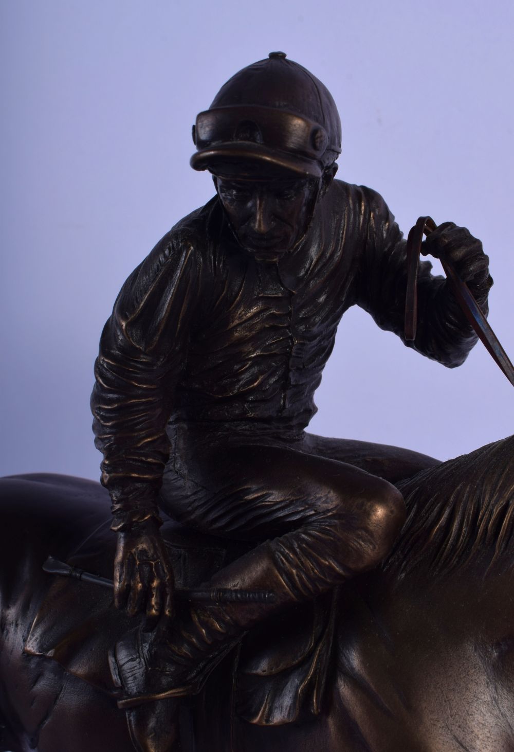 TWO BRONZED EQUESTRIAN SCULPTURES OF RACE HORSES. 30 cm x 28 cm. (2) - Image 2 of 4