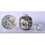 A 19TH CENTURY CHINESE FAMILLE VERTE PORCELAIN GINGER JAR together with a tea bowl and saucer. (3)