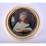 A 19TH CENTURY EUROPEAN PAINTED IVORY PORTRAIT MINIATURE BOX depicting a pretty female. 8 cm diamete