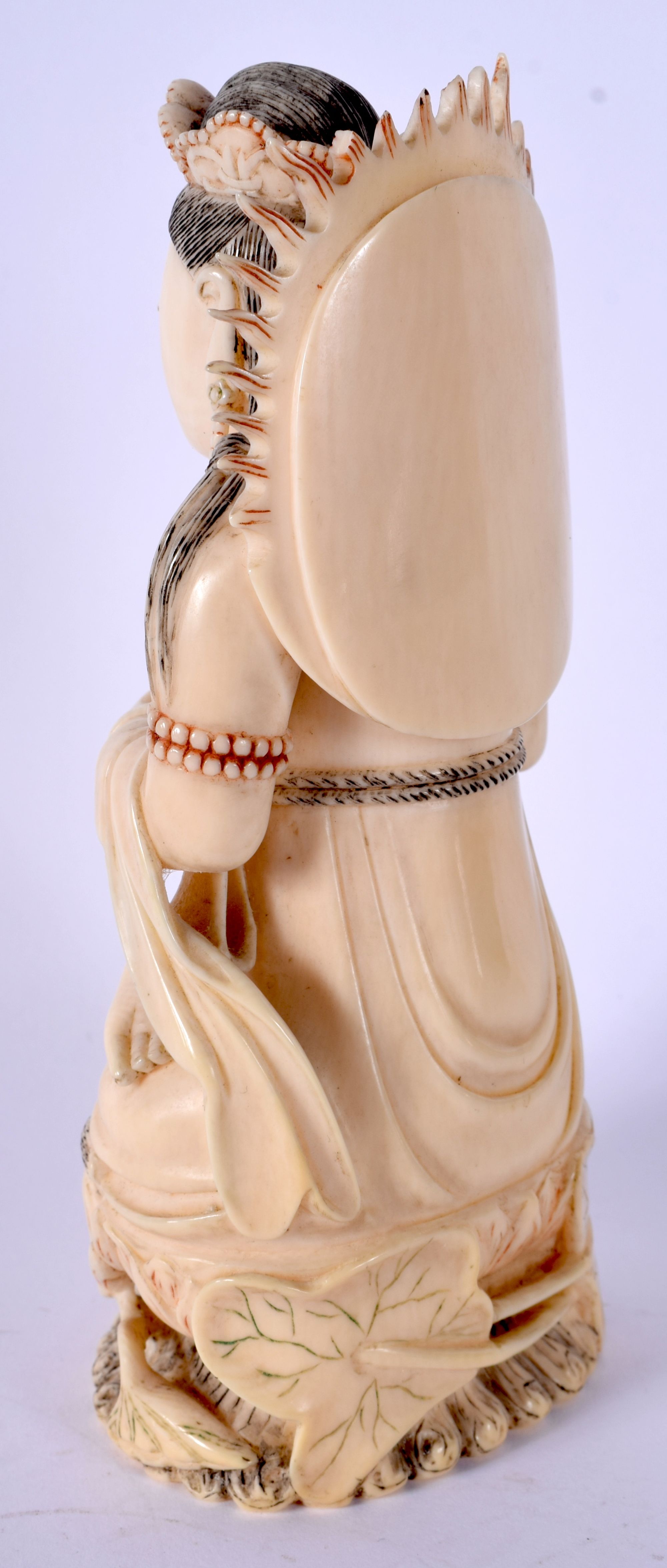 A 19TH CENTURY CHINESE POLYCHROMED IVORY FIGURE OF A SEATED DEITY modelled holding a censer. 16 cm x - Image 2 of 5
