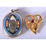 A 9CT GOLD BROOCH and an enamelled pendant. 15.8 grams. Largest 4.25 cm x 2.5 cm. (2)