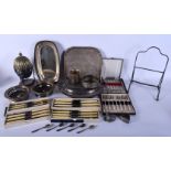 A BOX OF SILVER PLATED WARES including a salver and other items. (qty)