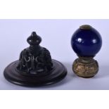 AN ANTIQUE CHINESE HARDWOOD COVER together with a blue 4th rank hat button. (2)