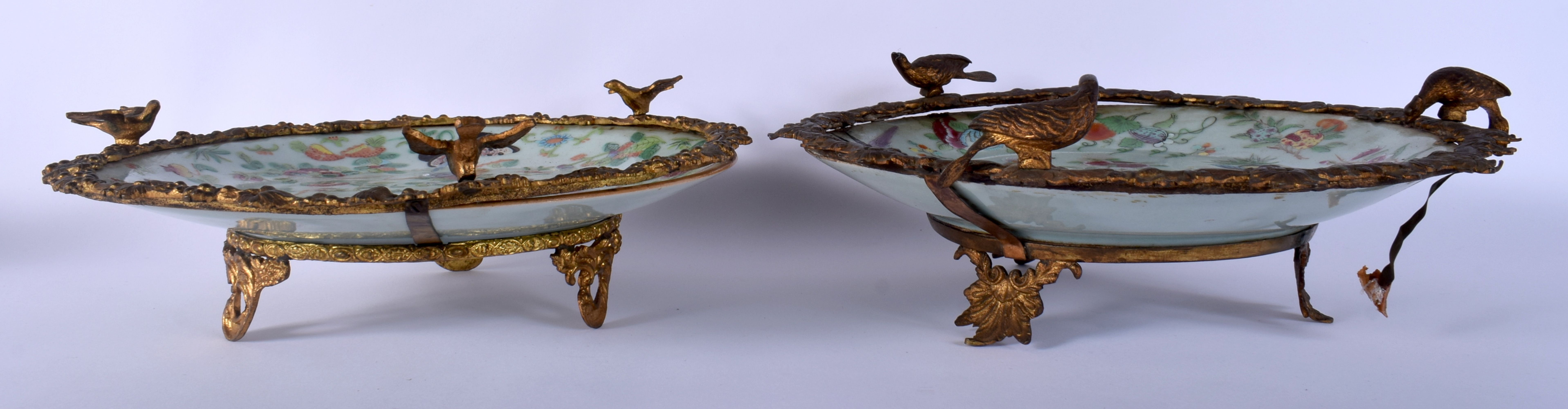 A PAIR OF 19TH CENTURY CHINESE CELADON FAMILLE ROSE DISHES with French bronze mounts. 25 cm wide. - Image 2 of 4