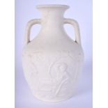 AN UNUSUAL 19TH CENTURY ENGLISH TWIN HANDLED PORCELAIN PORTLAND VASE decorated with classical figure