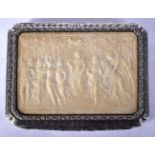 A 19TH CENTURY CONTINENTAL SILVER AND IVORY RECTANGULAR BOX decorated with figures. 94 grams. 7.75 c