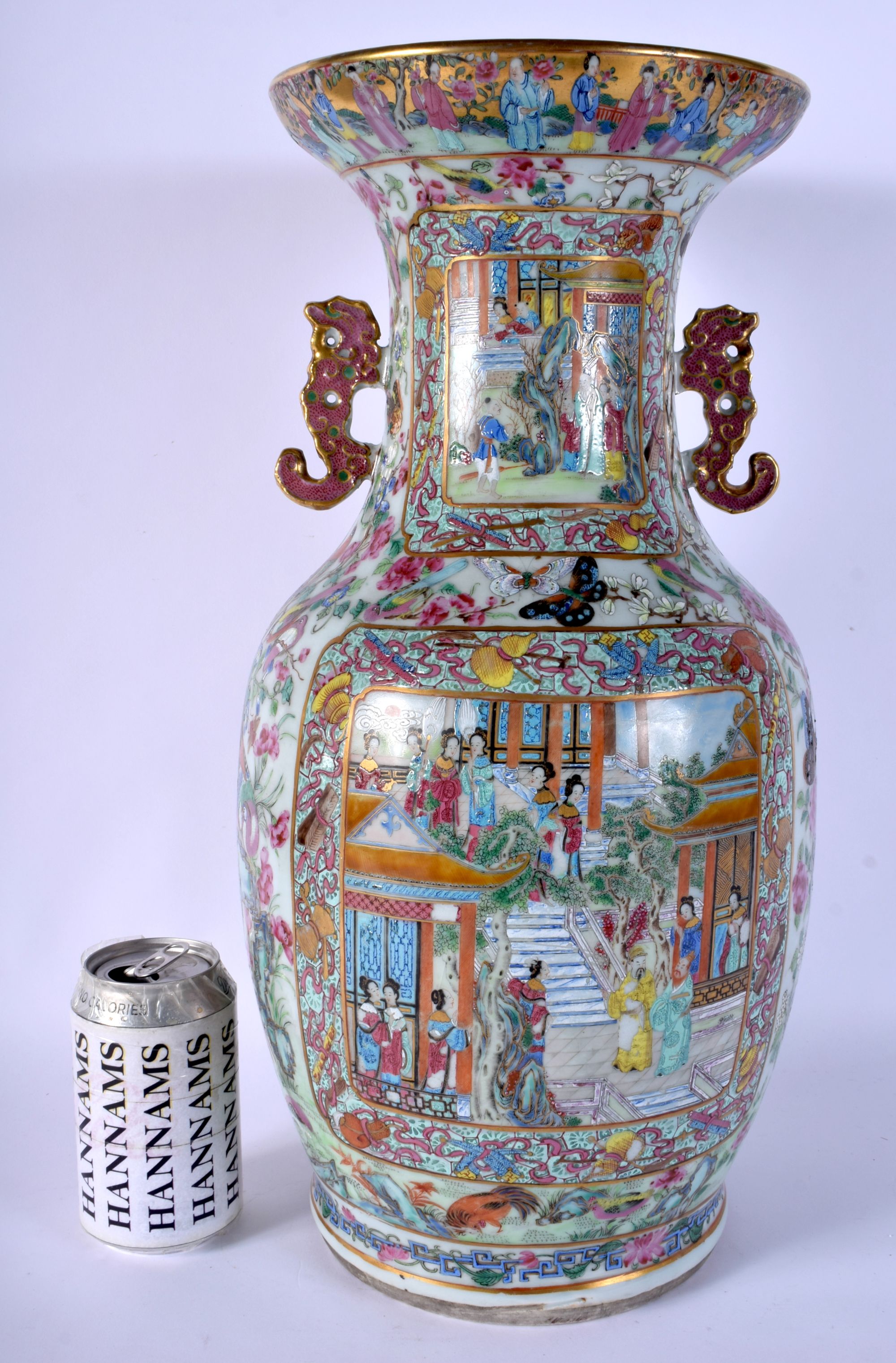 A FINE LARGE 19TH CENTURY CHINESE CANTON FAMILLE ROSE VASE Qing, painted with figures within landsca