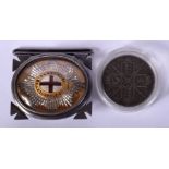 A VINTAGE SILVER MOUNTED ENAMELLED MEDALLION together with a silver crown. 93 grams. 5.25 cm x 5 cm.