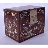 A SMALL 19TH CENTURY CHINESE HONGMU MOTHER OF PEARL INLAID BOX decorated with foliage. 12 cm x 10 cm