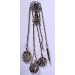 A VINTAGE SILVER PLATED LADIES CHATELAINE. 157 grams. 32 cm long.