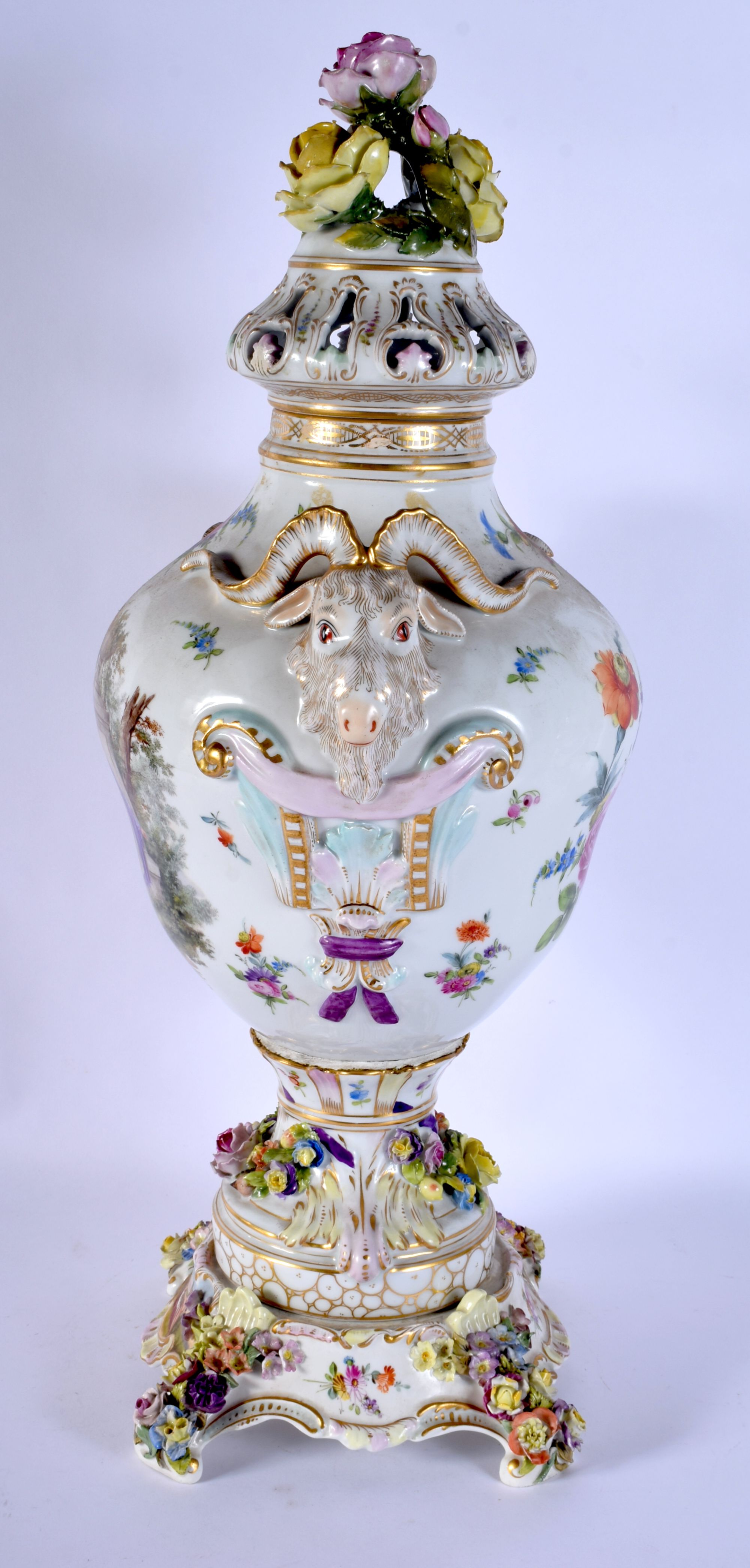 A LARGE ANTIQUE DRESDEN PORCELAIN VASE AND COVER with stand, painted with figures. 60 cm x 18 cm. - Image 2 of 9