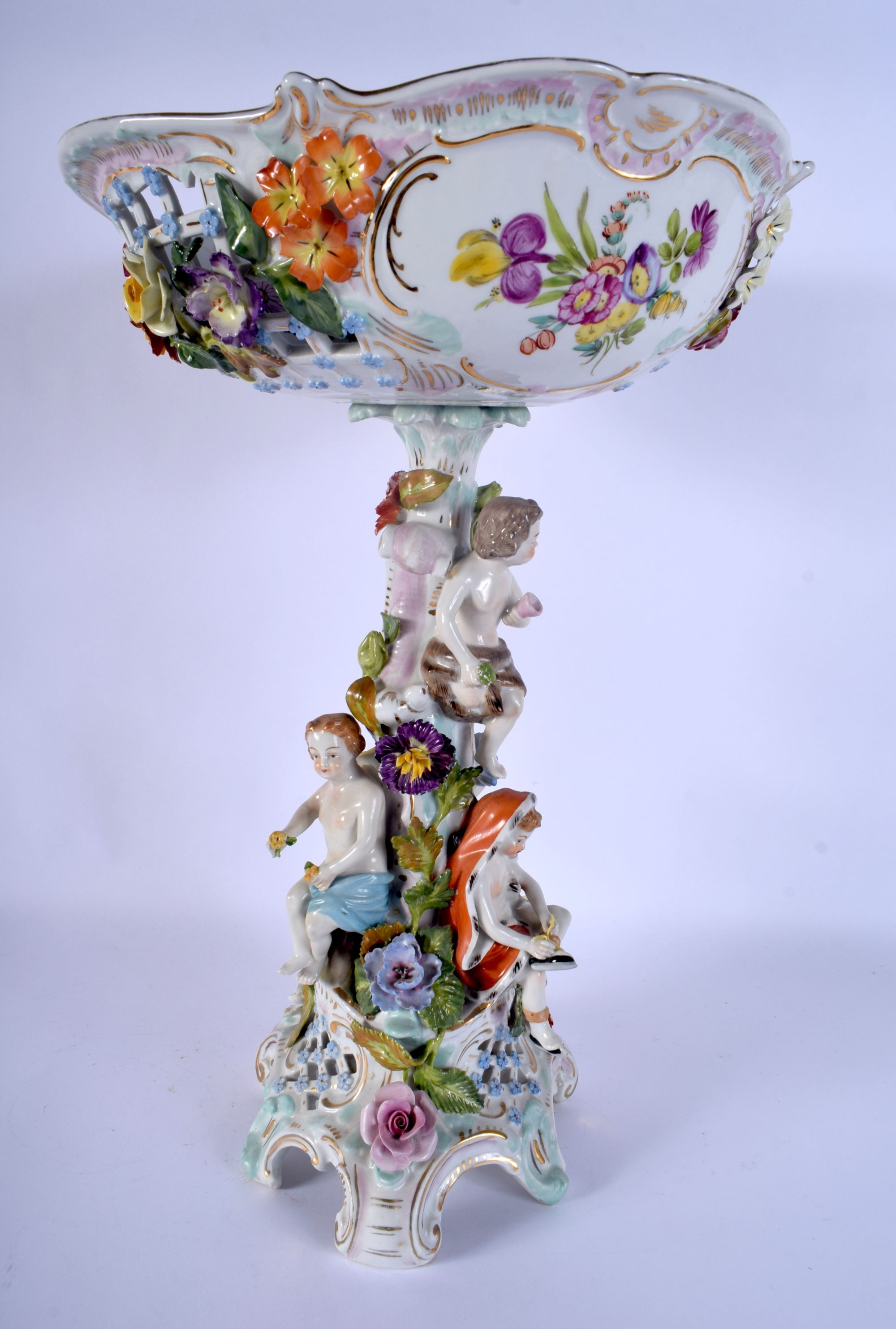 A LARGE ANTIQUE GERMAN PORCELAIN COMPORT modelled with figures under a floral bowl. 43 cm x 22 cm. - Image 3 of 7