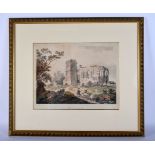 AN ANTIQUE ENGRAVING OF THE RUINS AT BASINGSTOKE of local interest. 48 cm x 48 cm.