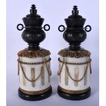 A PAIR OF 19TH CENTURY FRENCH BRONZE AND MARBLE CASSOLETTES with hanging gilt metal chains. 23 cm x