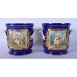 A PAIR OF 19TH CENTURY FRENCH SEVRES PORCELAIN TWIN HANDLE CACHE POT painted with lovers in landscap