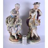 A LARGE PAIR OF 19TH CENTURY FRENCH PARIS BISQUE PORCELAIN FIGURES painted with flowers. 54 cm x 22