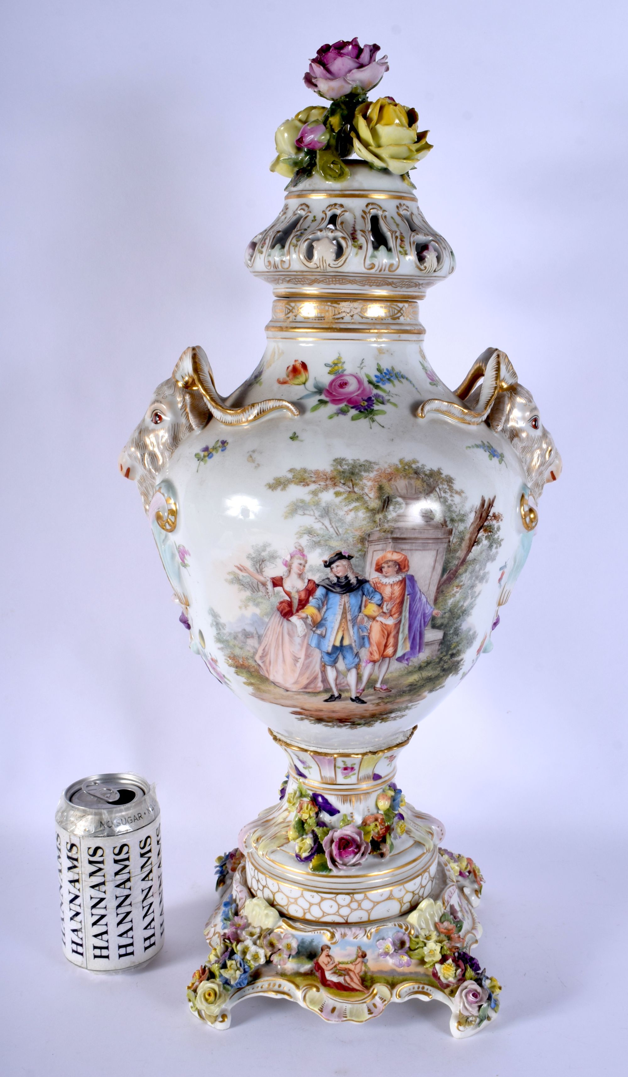 A LARGE ANTIQUE DRESDEN PORCELAIN VASE AND COVER with stand, painted with figures. 60 cm x 18 cm.