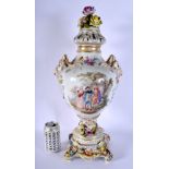 A LARGE ANTIQUE DRESDEN PORCELAIN VASE AND COVER with stand, painted with figures. 60 cm x 18 cm.