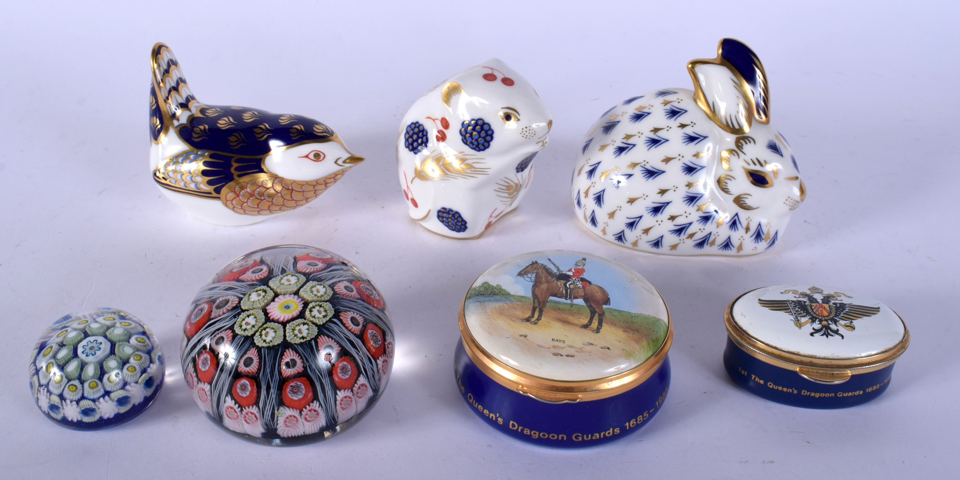 THREE ROYAL CROWN DERBY PAPERWEIGHTS together with paperweights etc. (7)