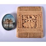 A 19TH CENTURY INDIAN PAINTED IVORY MINIATURE together with an unusual comb. Largest 7 cm x 9 cm. (2