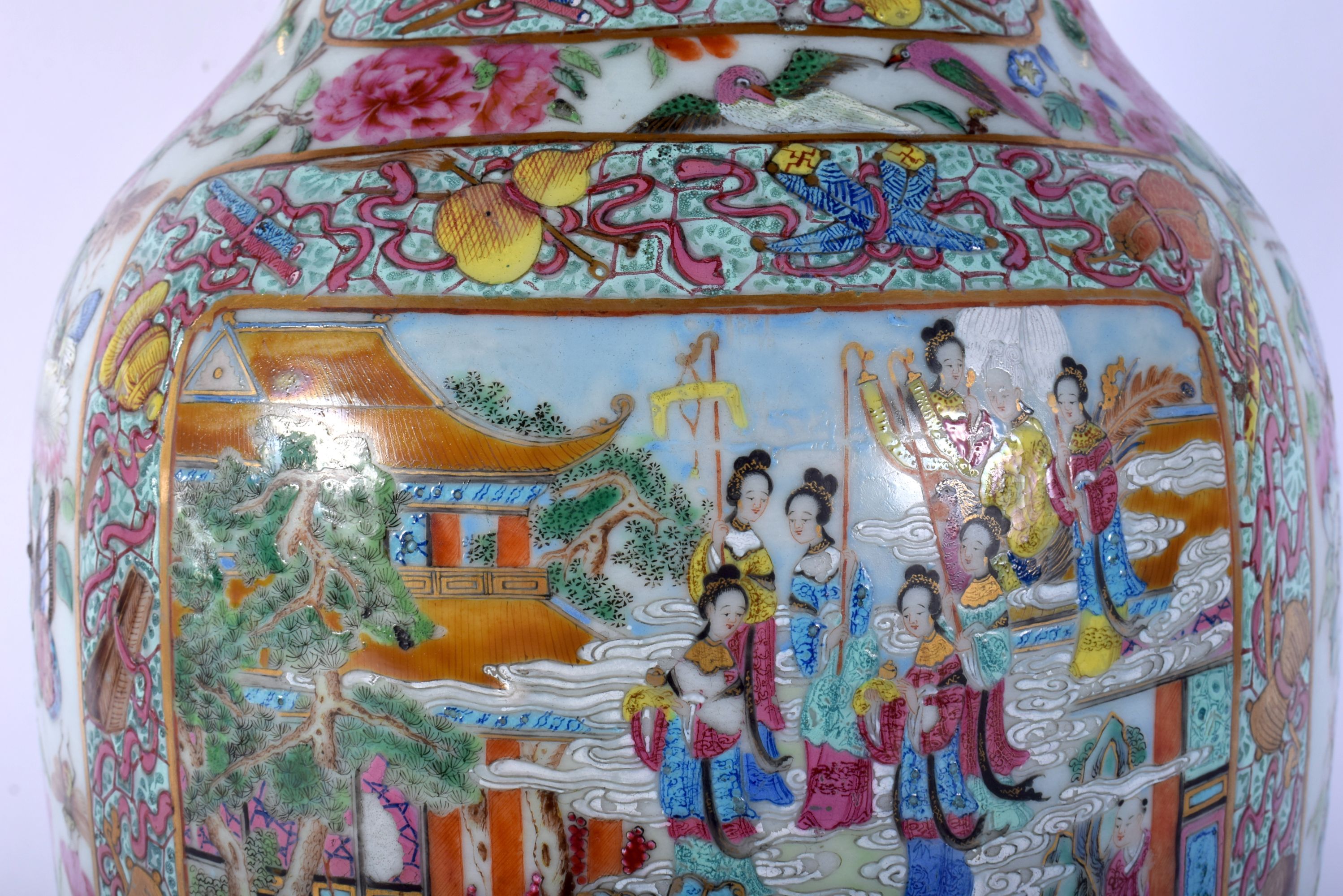 A FINE LARGE 19TH CENTURY CHINESE CANTON FAMILLE ROSE VASE Qing, painted with figures within landsca - Image 6 of 24