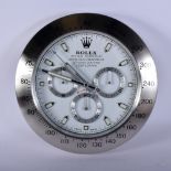 A ROLEX ADVERTISING DEALER DISPLAY HANGING WALL CLOCK. 30 cm diameter.