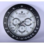 A ROLEX ADVERTISING DEALER DISPLAY HANGING WALL CLOCK. 30 cm diameter.