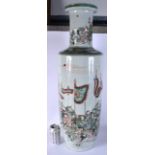 A LARGE 19TH CENTURY CHINESE FAMILLE VERTE PORCELAIN ROULEAU VASE Kangxi style, painted with a proce