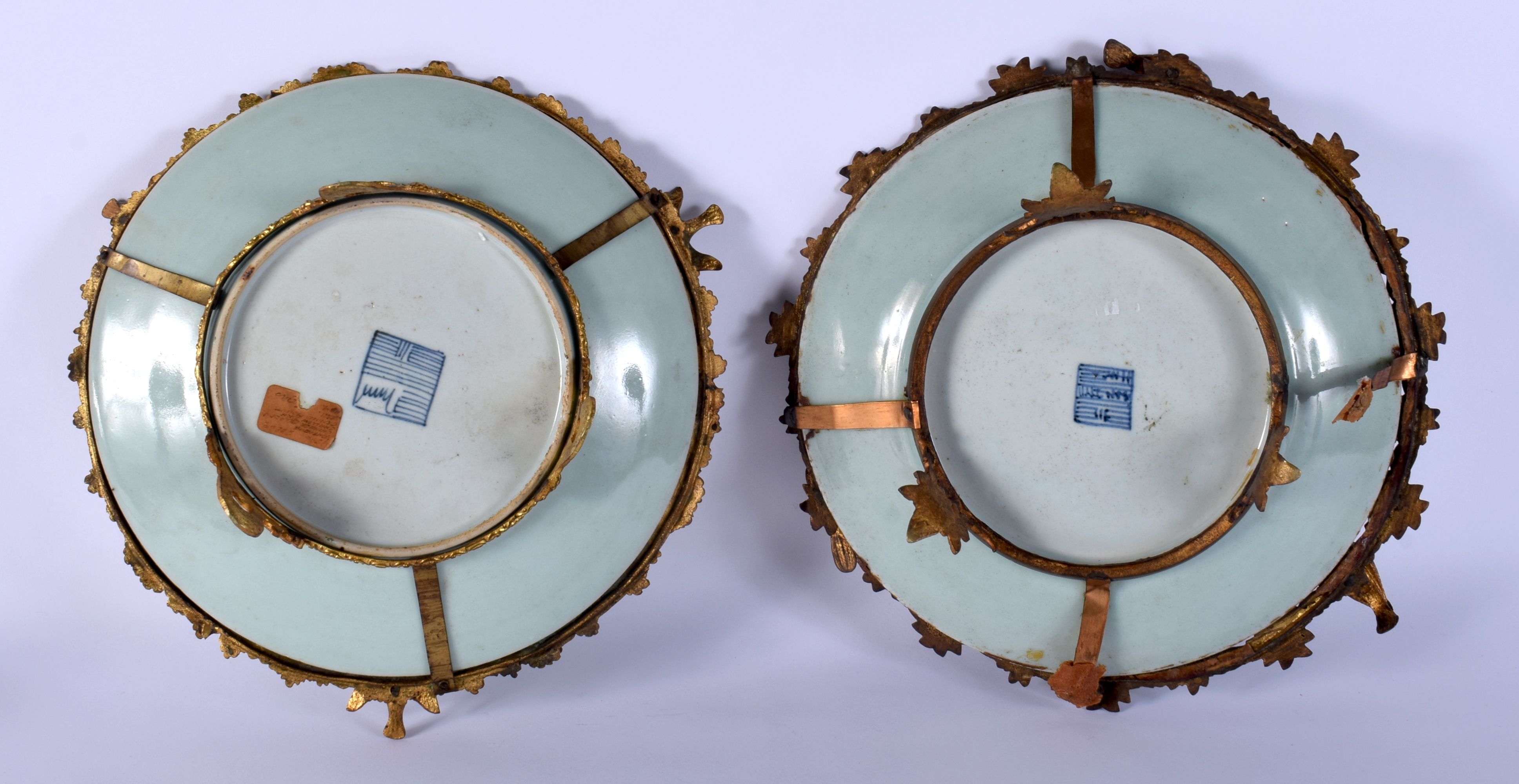 A PAIR OF 19TH CENTURY CHINESE CELADON FAMILLE ROSE DISHES with French bronze mounts. 25 cm wide. - Image 3 of 4