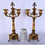 A PAIR OF 19TH CENTURY FRENCH BRONZE AND CHAMPLEVE ENAMEL CANDLESTICKS with bird head mounts. 37 cm