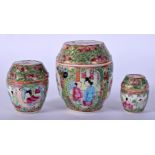 A SET OF THREE 19TH CENTURY CHINESE CANTON FAMILLE ROSE BOXES AND COVERS. Largest 7.5 cm x 4.5 cm. (
