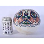 AN UNUSUAL OTTOMAN IZNIK MOSQUE HANGING BALL painted with flowers. 19 cm x 15 cm.