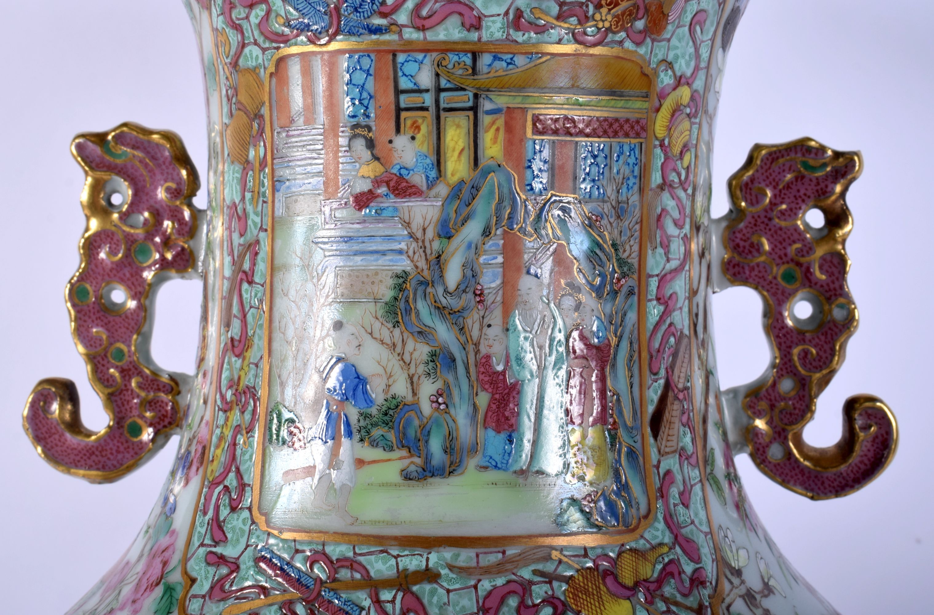 A FINE LARGE 19TH CENTURY CHINESE CANTON FAMILLE ROSE VASE Qing, painted with figures within landsca - Image 10 of 24