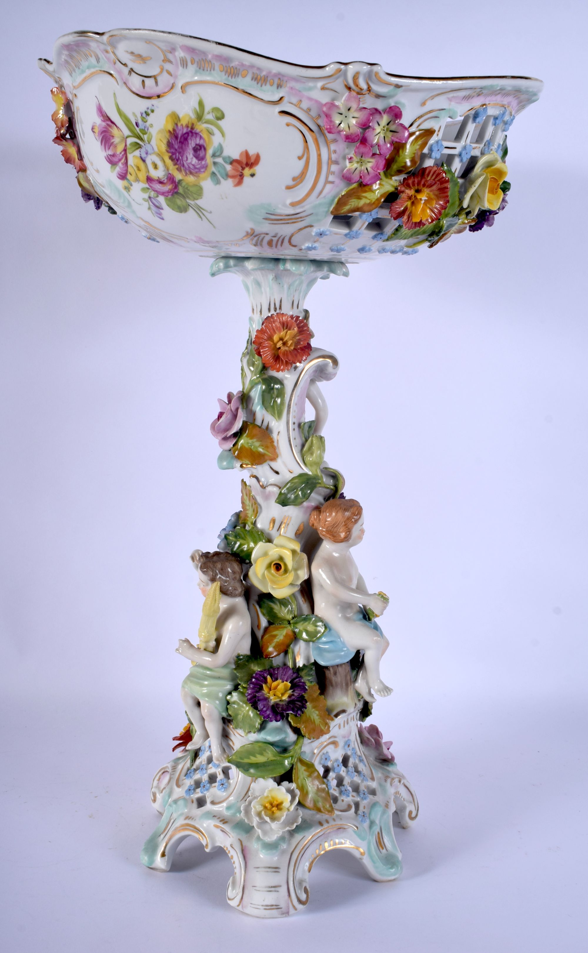 A LARGE ANTIQUE GERMAN PORCELAIN COMPORT modelled with figures under a floral bowl. 43 cm x 22 cm. - Image 2 of 7