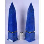 A LARGE PAIR OF CONTINENTAL CARVED LAPIS LAZULI OBELISKS possibly Russian. 53 cm high.