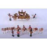 A VINTAGE TIMPO TOYS COLD PAINTED LEAD ROYAL HORSE AND CARRIAGE with horses. Carriage 17 cm wide. (q